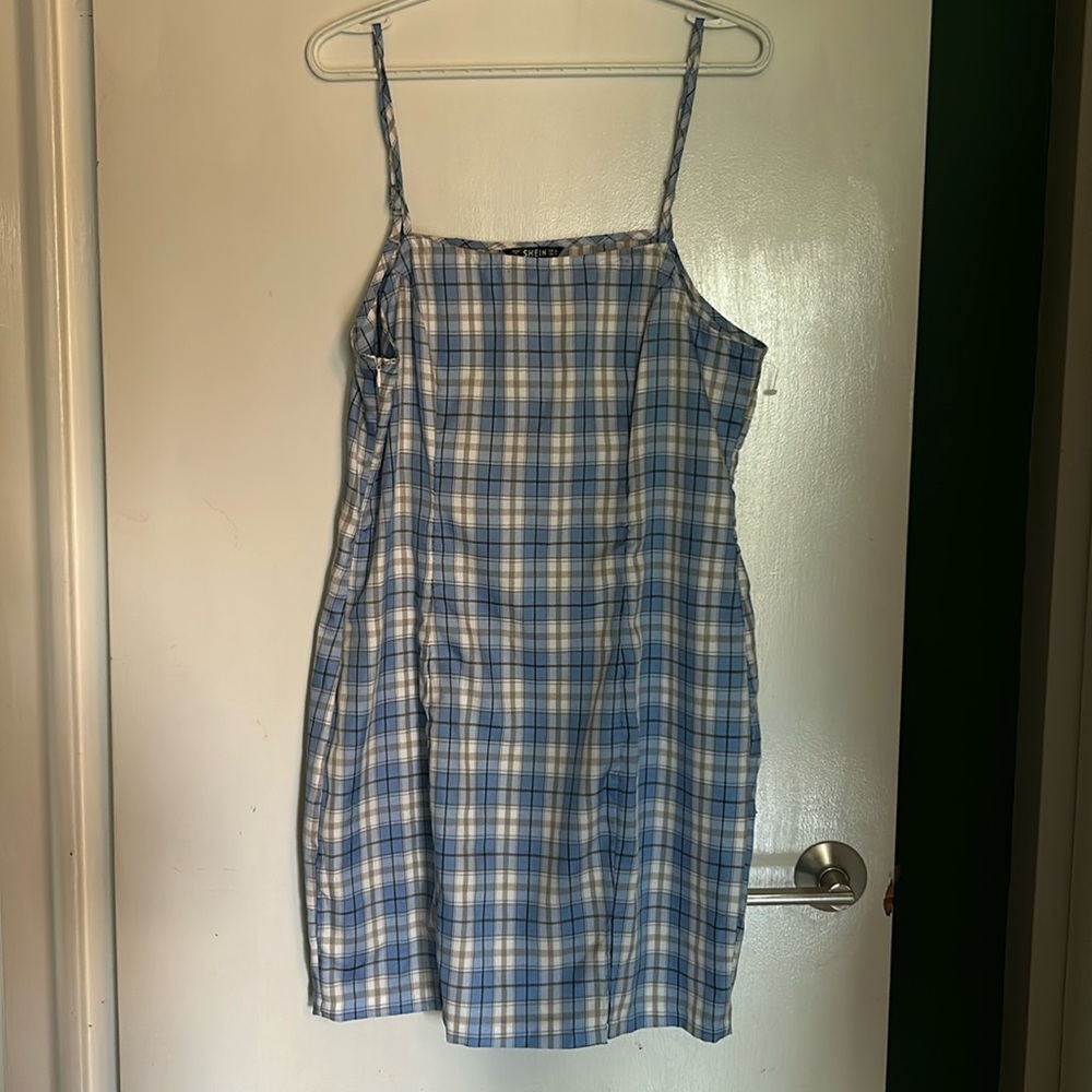 90s Baby blue plaid gingham print mini dress XL